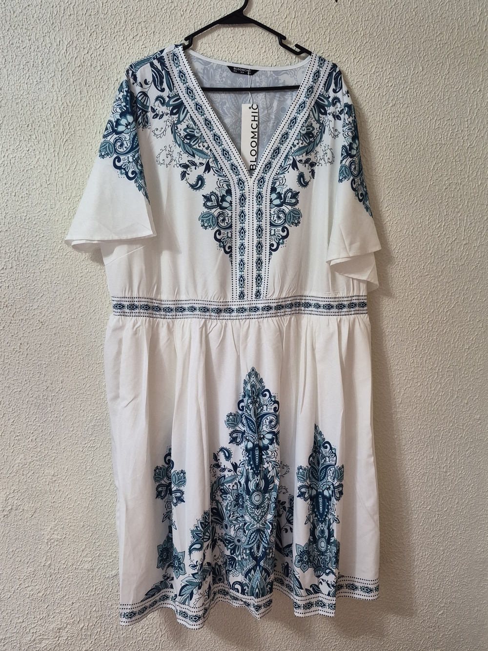 BloomChic White Midi Dress with Teal Floral Motif